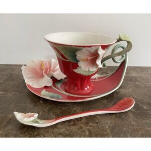 FRANZ Collection Island Beauty Hibiscus‎ Cup Saucer Set w Spoon FZ00978